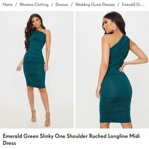 Emerald Green Slinky One Shoulder Ruched Longline Midi Dress